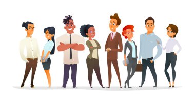 Sevimli Genç İşadamları ve yöneticileri koleksiyonu. Düz modern karikatür tarzı.