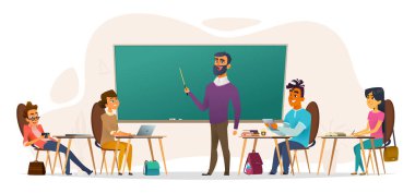 Seyirciler öğrencileri. Genç masalarda oturan ve bir konferans için bekleyen insanlar. Düz çizgi film vektör çizim