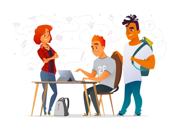 Students' characters discuss homework or school assignments or problems. — Stock Vector