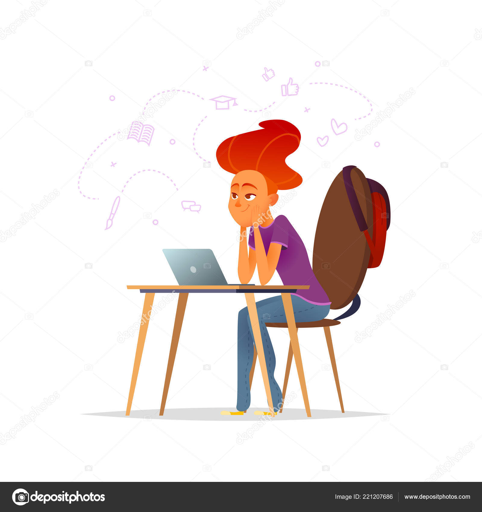 A Girl Sits At A Desk And Working On A Laptop Educational Concept