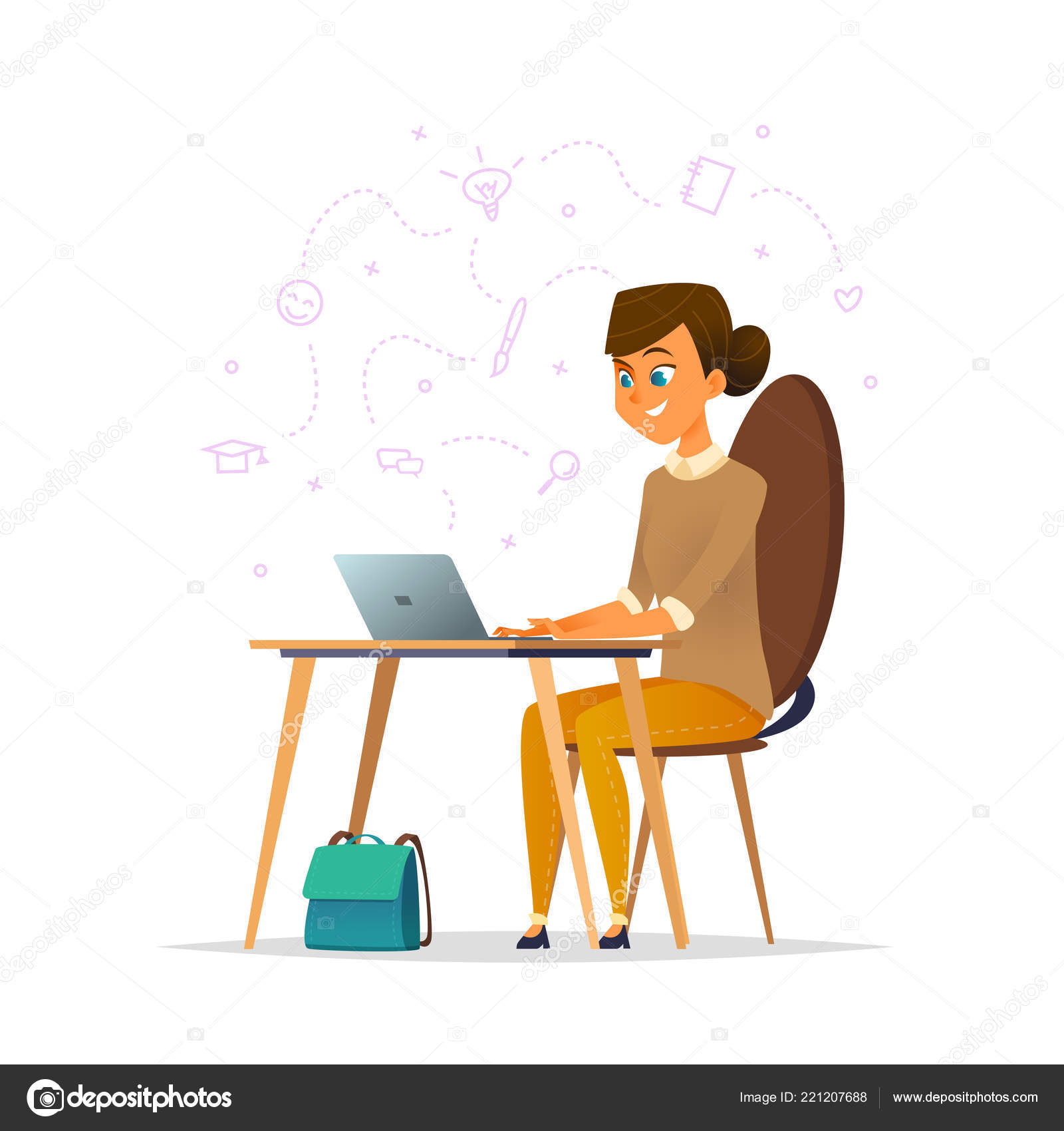 A Girl Sits At A Desk And Working On A Laptop Educational Concept
