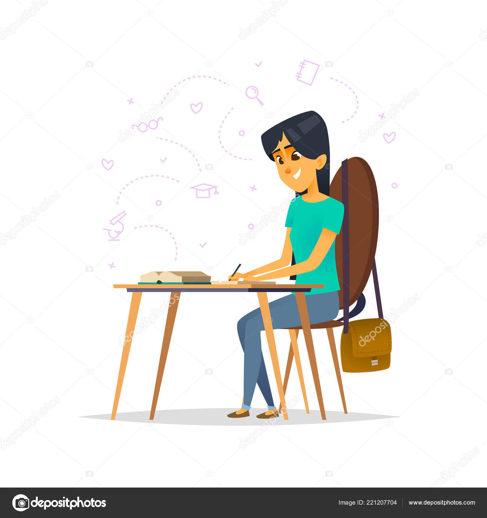 A Girl Sits At A Desk And Learns Educational Concept Cartoon