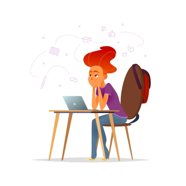 A girl sits at a desk and working on a laptop. Educational concept. Cartoon character design of girl student — Stock Vector