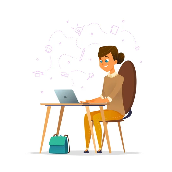 A girl sits at a desk and working on a laptop. Educational concept. Cartoon character design of girl student — Stock Vector