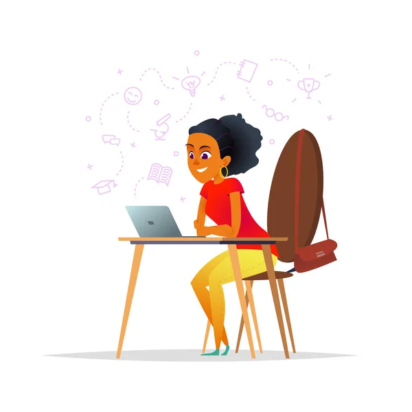 Una chica se sienta en un escritorio y ve un video. Concepto educativo. Diseño de personajes de dibujos animados de niña estudiante — Archivo Imágenes Vectoriales