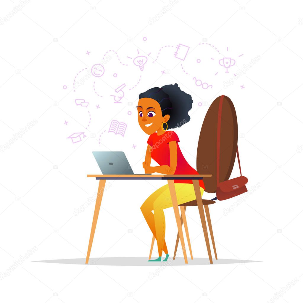 A girl sits at a desk and watches a video. Educational concept. Cartoon character design of girl student