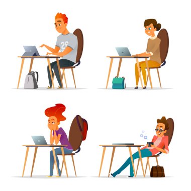 Genç insanlar masada, bir proje üzerinde çalışıyor. Çizgi film düz ayarlamak.