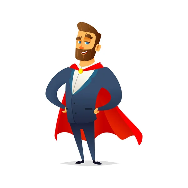 Charmiga skäggiga affärsman bära en superhjälte kappa. Manager är en hjälte. Moderna platt karaktärsdesign. — Stock vektor