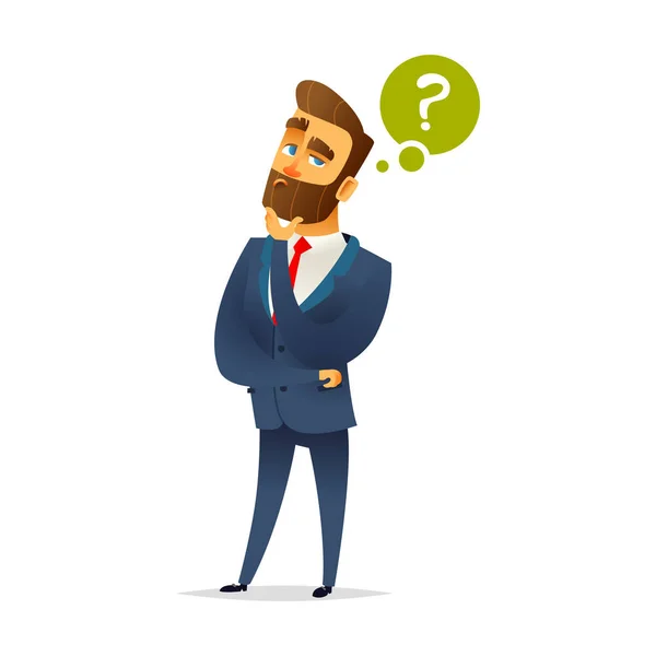 Bearded charming man is thinking. Question mark and manager. Pensive Businessman. Businessman thinking. Vector cartoon character design. — Stock Vector