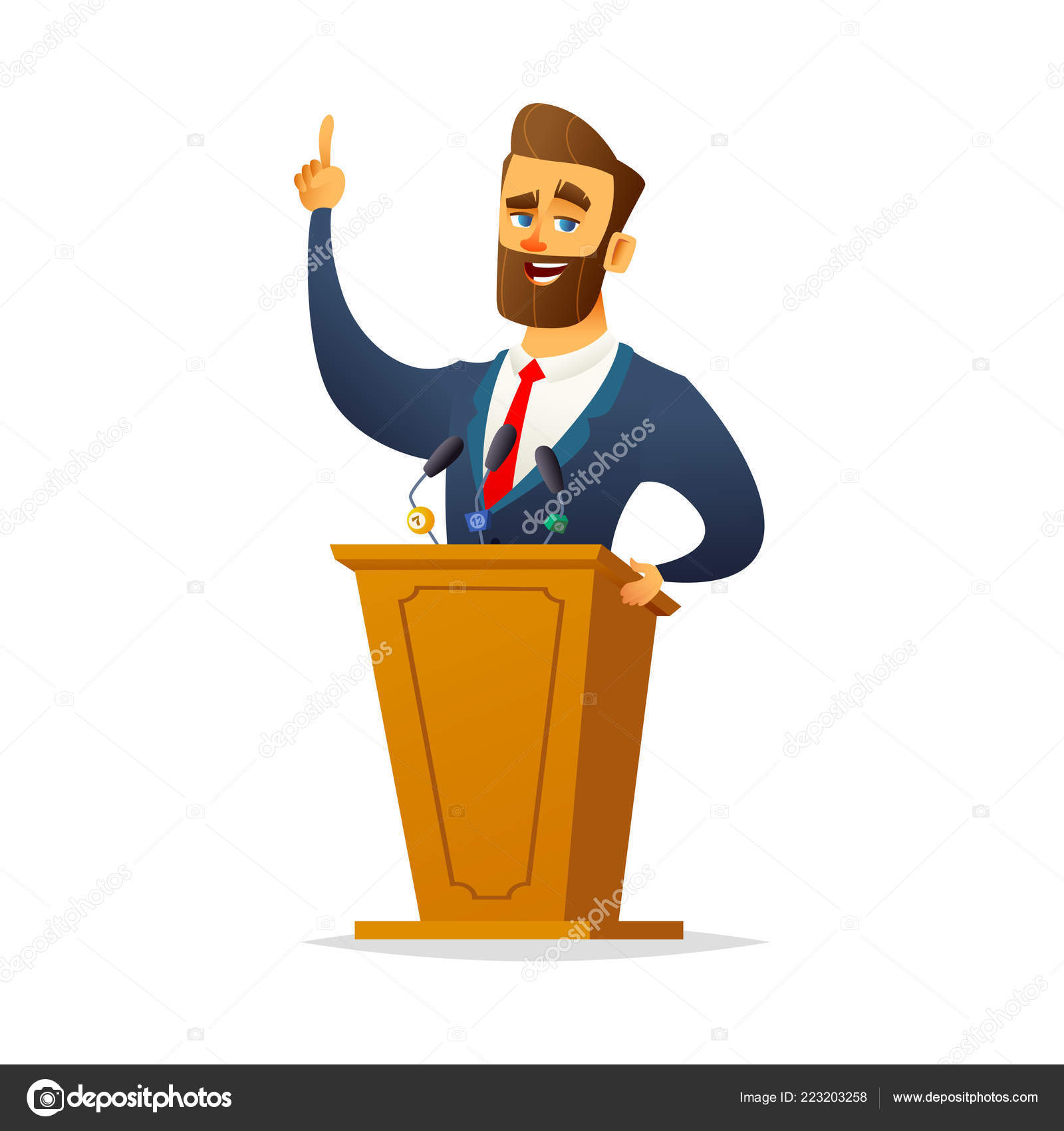 Bearded charismatic male speaker stands behind the podium and speaks.  Cartoon flat character designe. Stock Vector Image by ©DemianVS #223203258