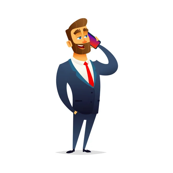 Charmiga affärsman pratar i telefon. Chefen håller en smartphone i handen och säger något. Cartoon moderna platt karaktärsdesign. — Stock vektor