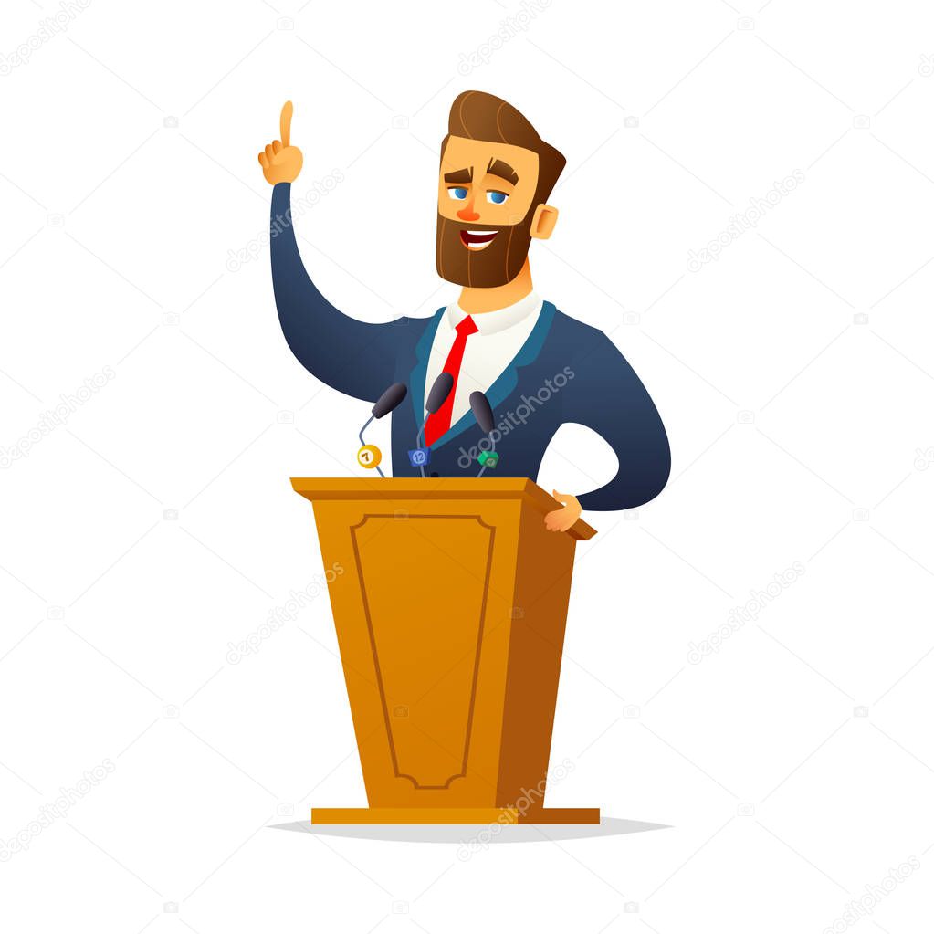 Bearded charismatic male speaker stands behind the podium and speaks. Cartoon flat character designe.