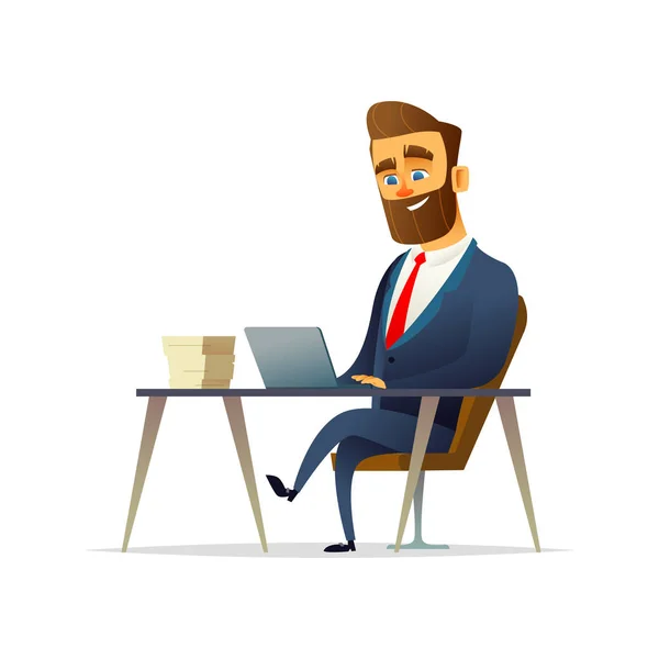 Der bärtige, gut gelaunte Geschäftsmann sitzt und arbeitet an seinem Arbeitsplatz. Manager arbeitet am Laptop — Stockvektor