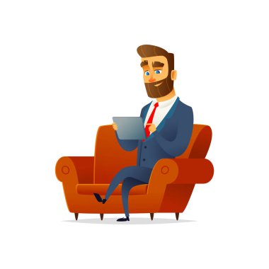 Kanepe ve bir tablet tutan sidin elbiseli adam. Müdür dinleniyor. Kanepede işadamı sit