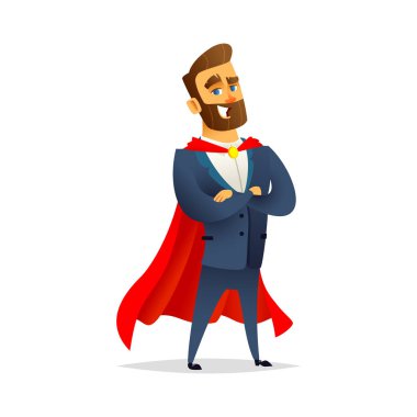 Büyüleyici sakallı işadamı bir süper kahraman pelerin giyiyor. Bir kahraman yöneticisidir. Modern düz karakter tasarımı.
