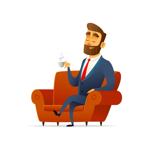 Homme d'affaires assis sur le canapé et se reposant, buvant du thé. Le manager tient une tasse de café. . — Image vectorielle