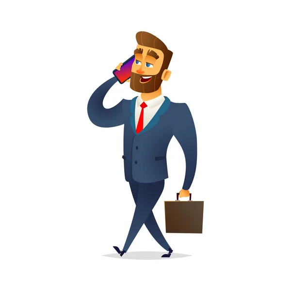 Hombre de negocios caminando y hablando por teléfono. El gerente va con un maletín y habla en un teléfono inteligente — Archivo Imágenes Vectoriales
