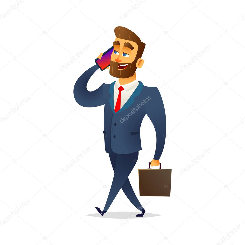 Business man walking and talking on the phone. The manager goes with a briefcase and talking on a smartphone