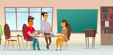 Gençler okul veya üniversite ofisinde iletişim. Öğrencilerin iletişim kavramı. Modern karakter tasarımı.