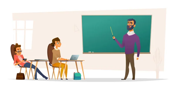 Étudiants ou candidats dans la salle de classe. Le professeur dirige une conférence. Le concept du processus éducatif . — Image vectorielle