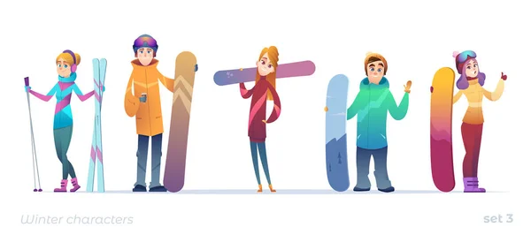 Young characters of people in different poses. Winter sports — Stock Vector