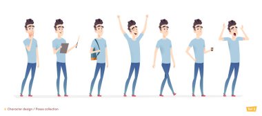 Karakter farklı pozlar ve durum genç adam. Modern düz çizgi film tarzı.