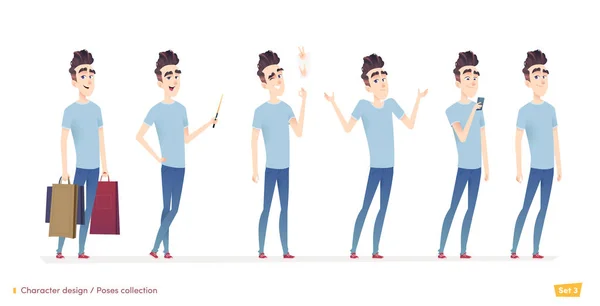 Jeune homme personnage dans différentes poses et situations. Style de dessin animé plat moderne . — Image vectorielle