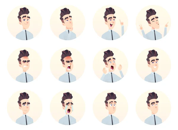 Collezione avatar per giovani uomini d'affari. Set di espressioni ed emozioni . — Vettoriale Stock