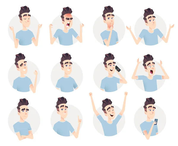 Collezione avatar per ragazzi. Set di espressioni ed emozioni . — Vettoriale Stock