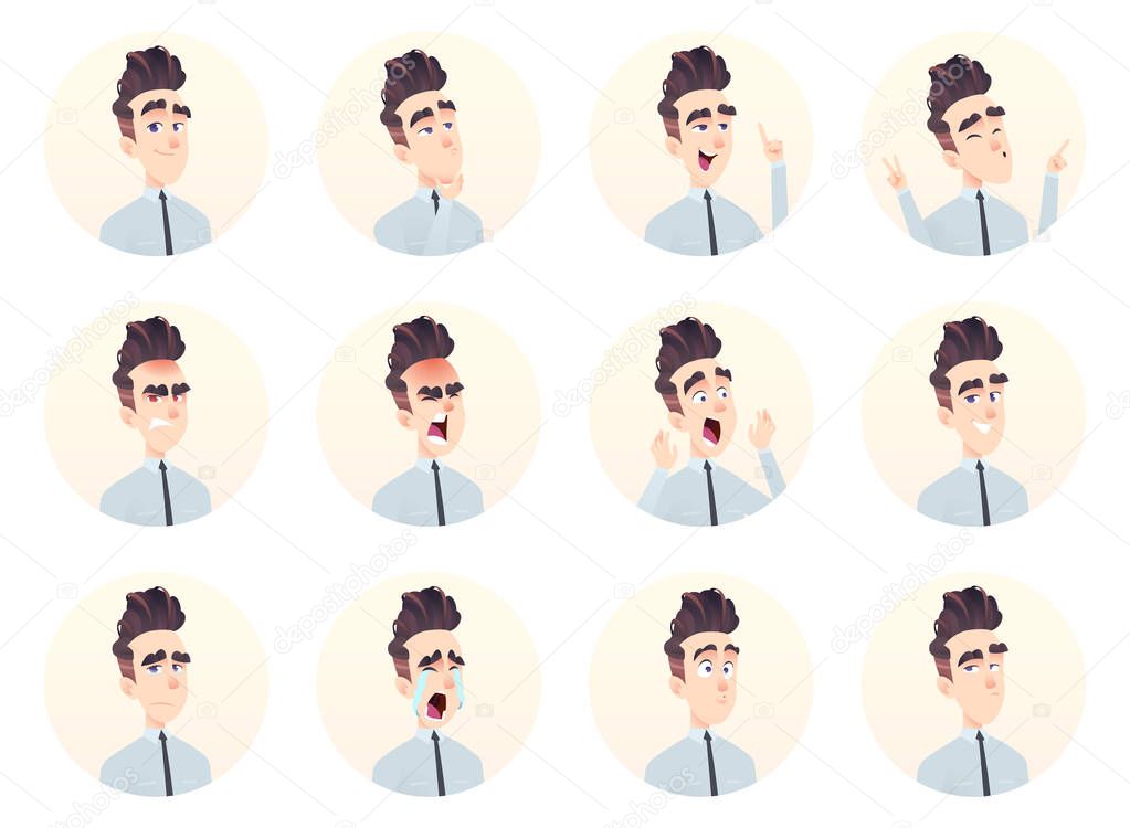 Young businessman avatar collection. Expression and emotion set.