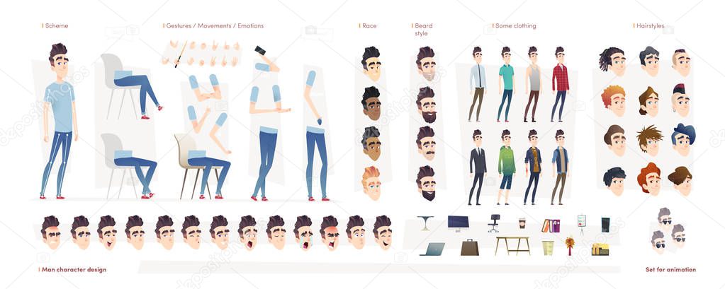 Young man character for your print, web and motion design. Creation kit. Set of flat male cartoon character body parts.