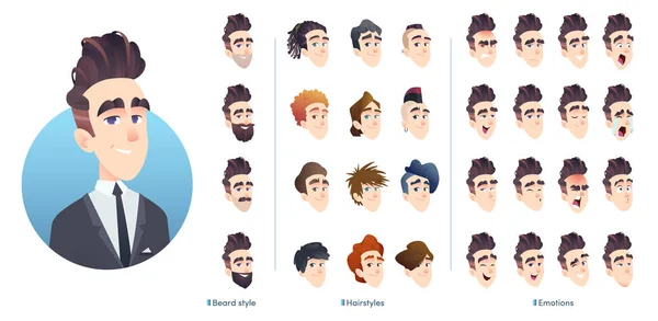 Kit avatar personaggio business, diverse acconciature, espressione facciale e barba. Raccolta di emozioni facciali maschili . — Vettoriale Stock