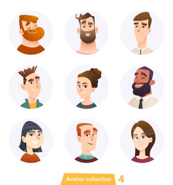 Neşeli insanlar avatar koleksiyonu. Kullanıcı yüzler. Modaya uygun modern tarzı. Düz çizgi film karakter tasarımı