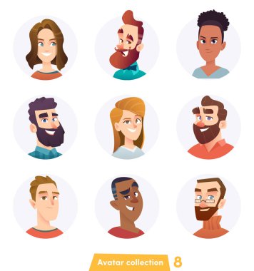 Neşeli insanlar avatar koleksiyonu. Kullanıcı yüzler. Modaya uygun modern tarzı. Düz çizgi film karakter tasarımı