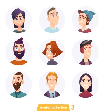 Neşeli insanlar avatar koleksiyonu. Kullanıcı yüzler. Modaya uygun modern tarzı. Düz çizgi film karakter tasarımı