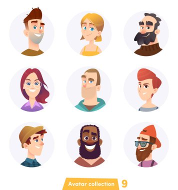 Neşeli insanlar avatar koleksiyonu. Kullanıcı yüzler. Modaya uygun modern tarzı. Düz çizgi film karakter tasarımı