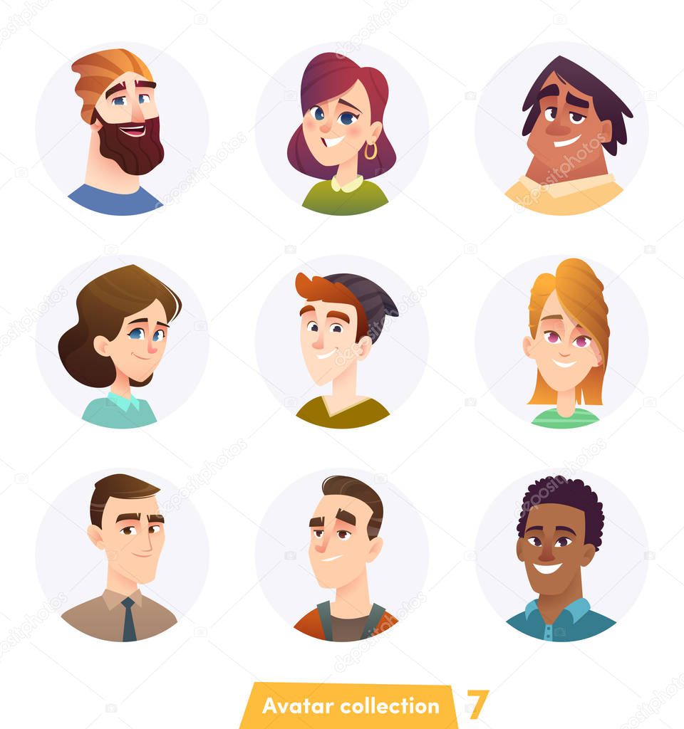 Cheerful people avatar collection. User faces. Trendy modern style. Flat Cartoon Character design