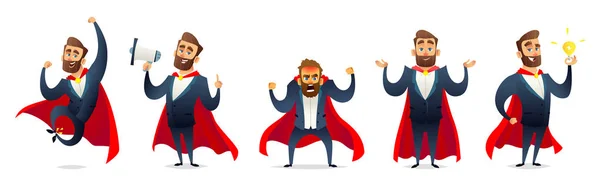 Empresario disfrazado de superhéroe. Colección de personajes de héroe de negocios en varias poses. Super manager conjunto — Vector de stock