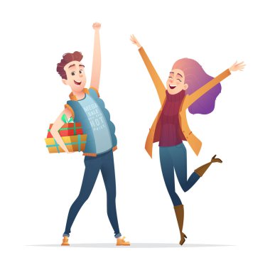 Gençlerin sevinirler ve birlikte kutlamak. Zafer ve erkek ve kız aşk kavramı. Neşeli enerjik gençler hediyeler ile.