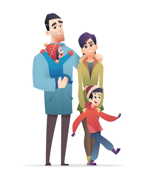 Bonne famille ensemble. Père, mère, fils et fille. Mode d'hiver Dessin animé plat design moderne . — Image vectorielle