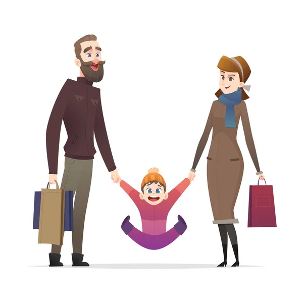 陽気な家族の購入やショッピングします 陽気なママとパパ そして子供を散歩 幸せな親が自分の息子との時間を過ごす — ストックベクタ