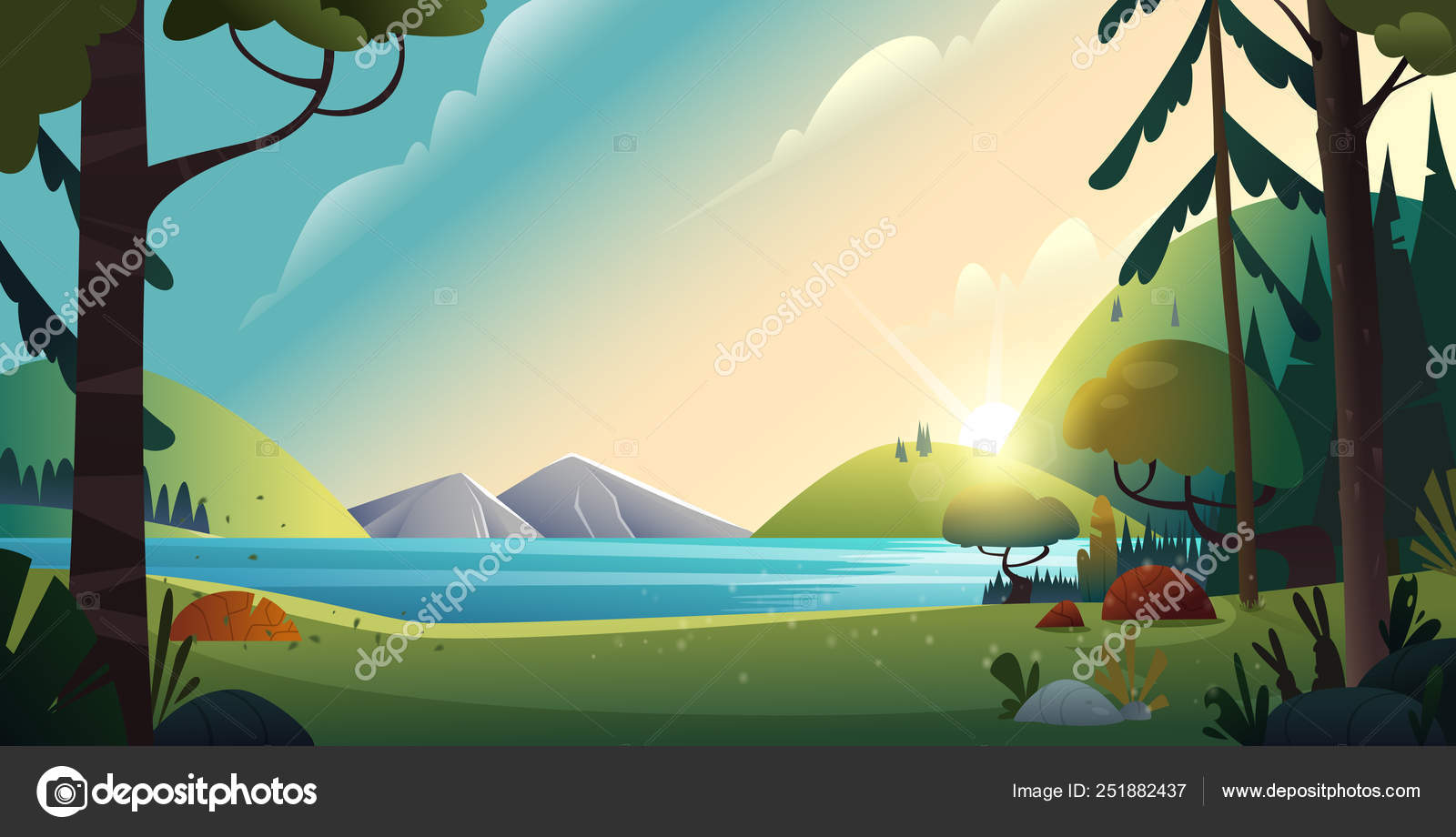 Rural cartoon landscape. Beautiful view of the lake and the mountains on  forest background. Nature landscape view on the river. Stock Vector Image  by ©DemianVS #251882437