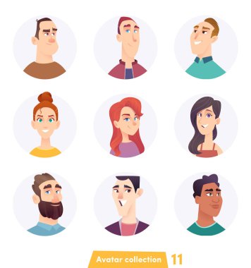 Neşeli insanlar avatar koleksiyonu. Kullanıcı yüzler. Modaya uygun modern tarzı. Düz çizgi film karakter tasarımı.