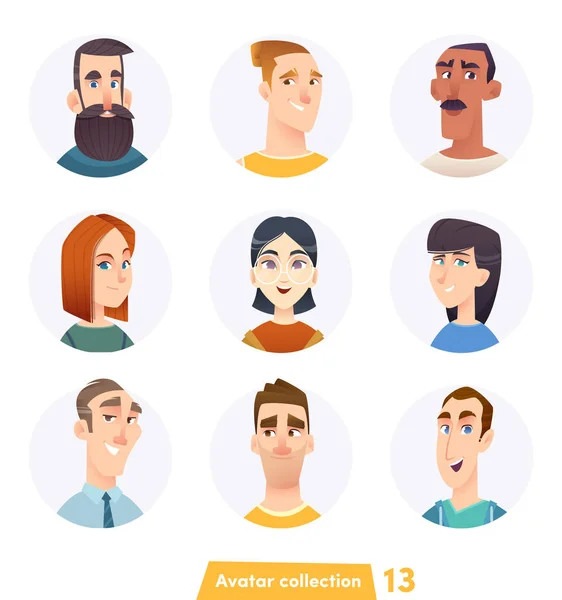 Des gens joyeux collection avatar. Visages d'utilisateurs. Style moderne à la mode. Conception de personnage de bande dessinée plat . — Image vectorielle