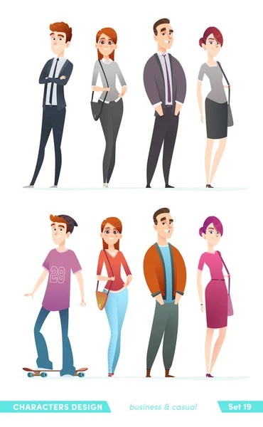 Menschen in zwei unterschiedlichen Kleidungsstilen. Charakter-Design-Kollektion in Business- und Freizeitbekleidung. — Stockvektor