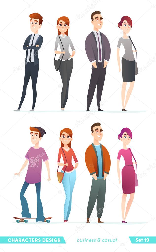 People in two different style of clothes. Character design collection in business and casual clothes.
