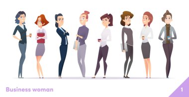 İş kadınları karakter tasarım koleksiyonu. Modern karikatür düz tarzı. Dişiler bir arada durur. Genç profesyonel kadın pozlar.