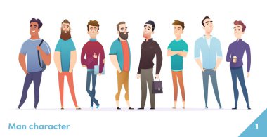 İnsanlar karakter tasarım koleksiyonu. Modern karikatür düz tarzı. Erkekler ya da manegerler bir arada dururlar. Genç profesyonel erkekler pozlar.