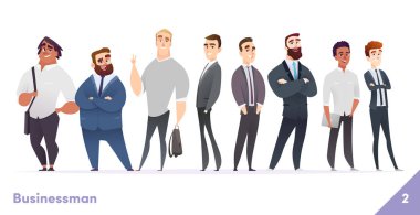 İşadamı veya insan karakter tasarım koleksiyonu. Modern karikatür düz tarzı. Genç profesyonel erkekler pozlar.