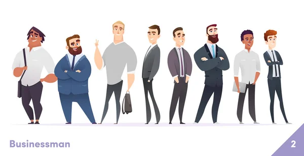 İşadamı veya insan karakter tasarım koleksiyonu. Modern karikatür düz tarzı. Genç profesyonel erkekler pozlar.
